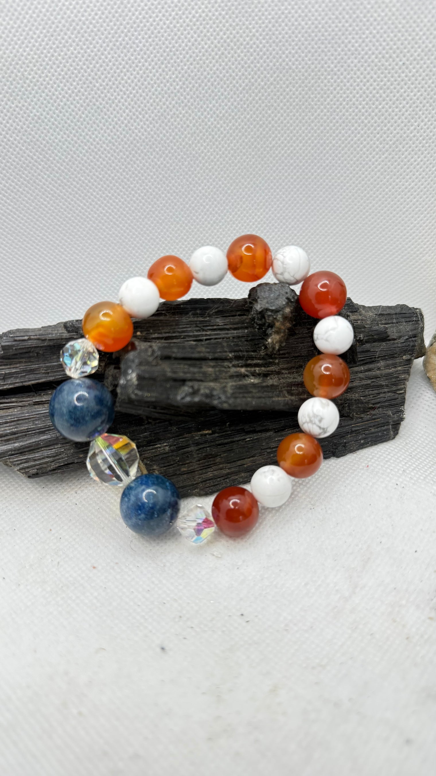 Patriotic USA 250th Anniversary Bracelet with Carnelian, Howlite and Blue Fossil Coral with Swarovski Crystals