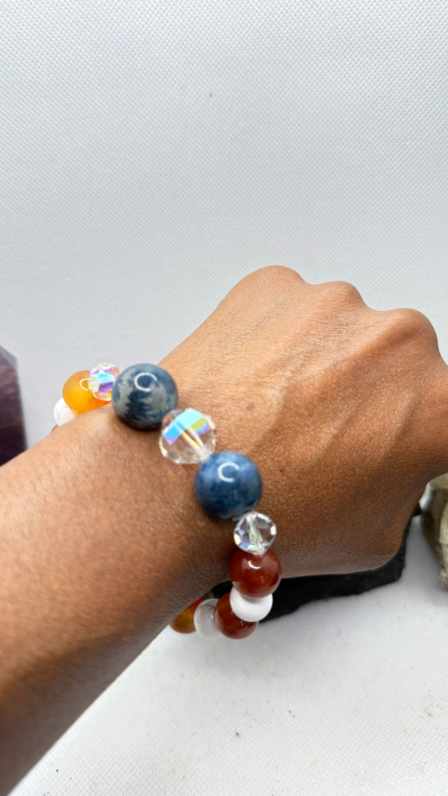 Patriotic USA 250th Anniversary Bracelet with Carnelian, Howlite and Blue Fossil Coral with Swarovski Crystals