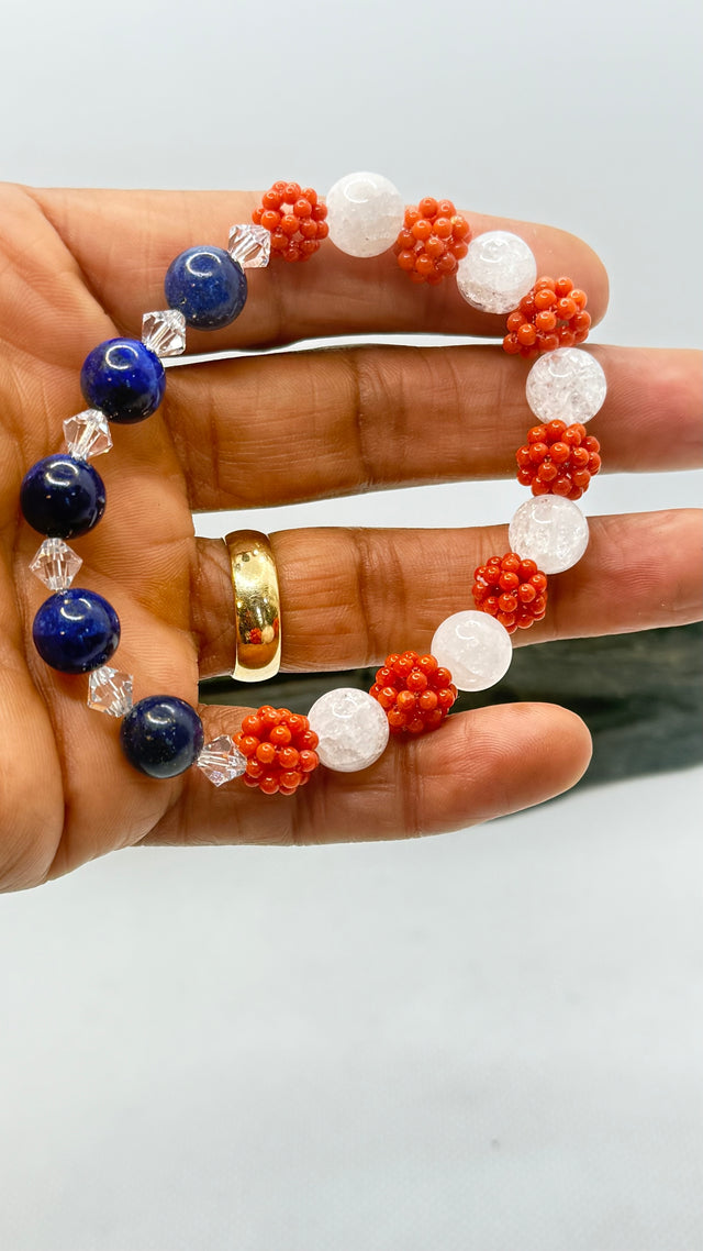 Patriotic USA 250th Anniversary Bracelet Red Coral, White Cracked Quartz and Lapis Lazuli with Swarovski Crystals