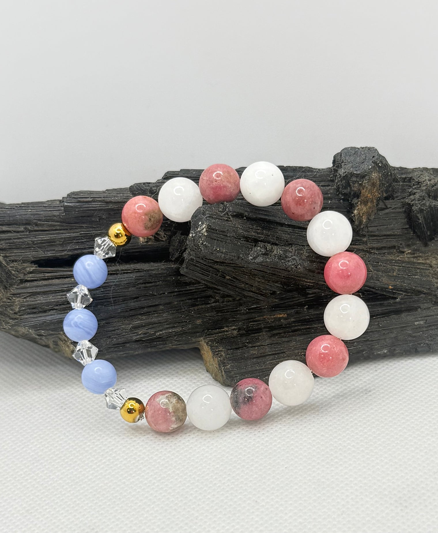 Patriotic USA 250th Anniversary Bracelet "washout version" Rhodonite, White Jade and Blue Chalcedony with Swarovski Crystals