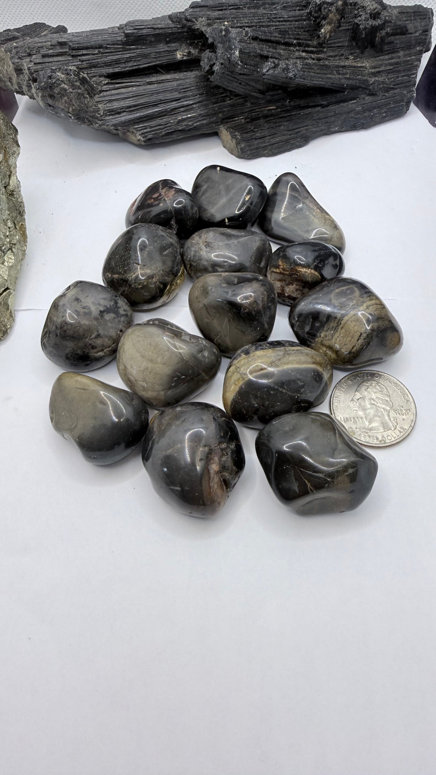 A group of polished dark gray to black onyx tumbled stones arranged on a white surface, with a silver coin and dark wood pieces used for scale and context.