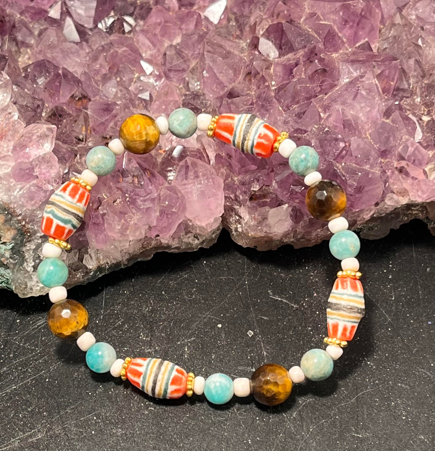 Amazonite, Tigers Eye with African Beads Stretchy Bracelet