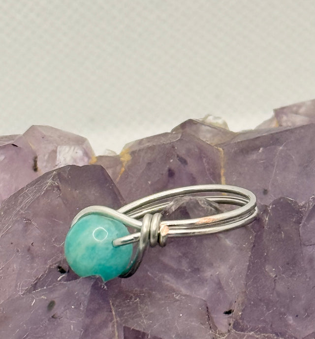 amazonite ring on tinned copper wire hand made