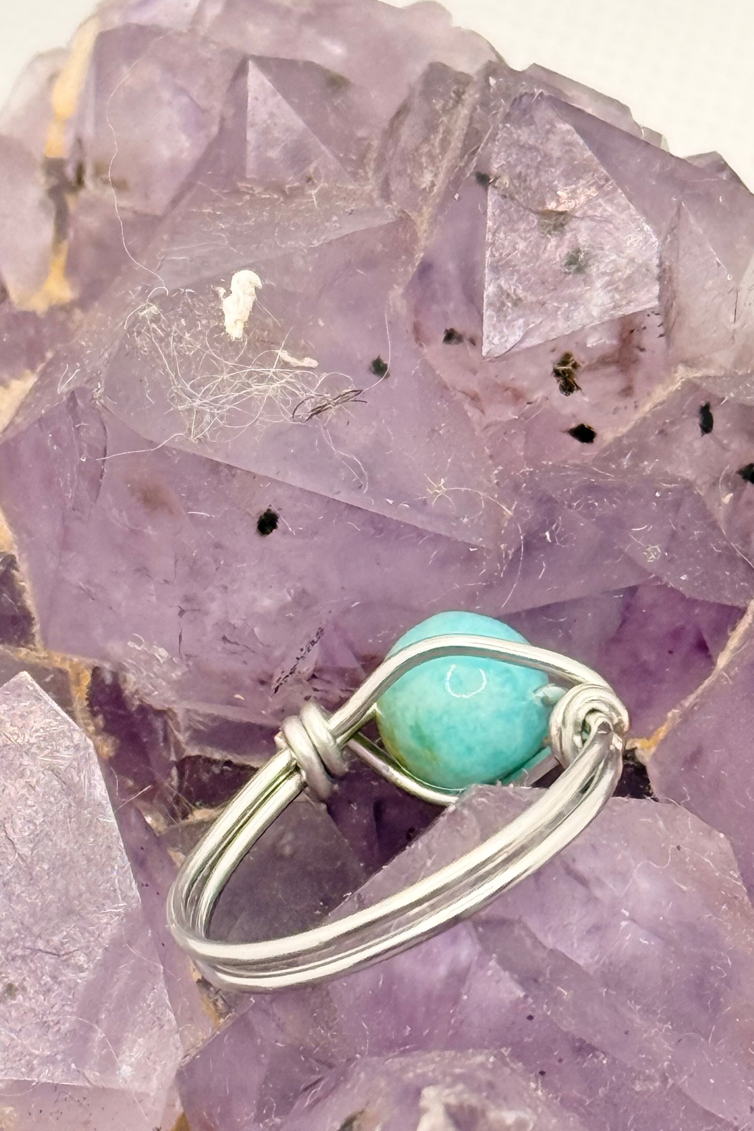 amazonite ring on tinned copper wire hand made