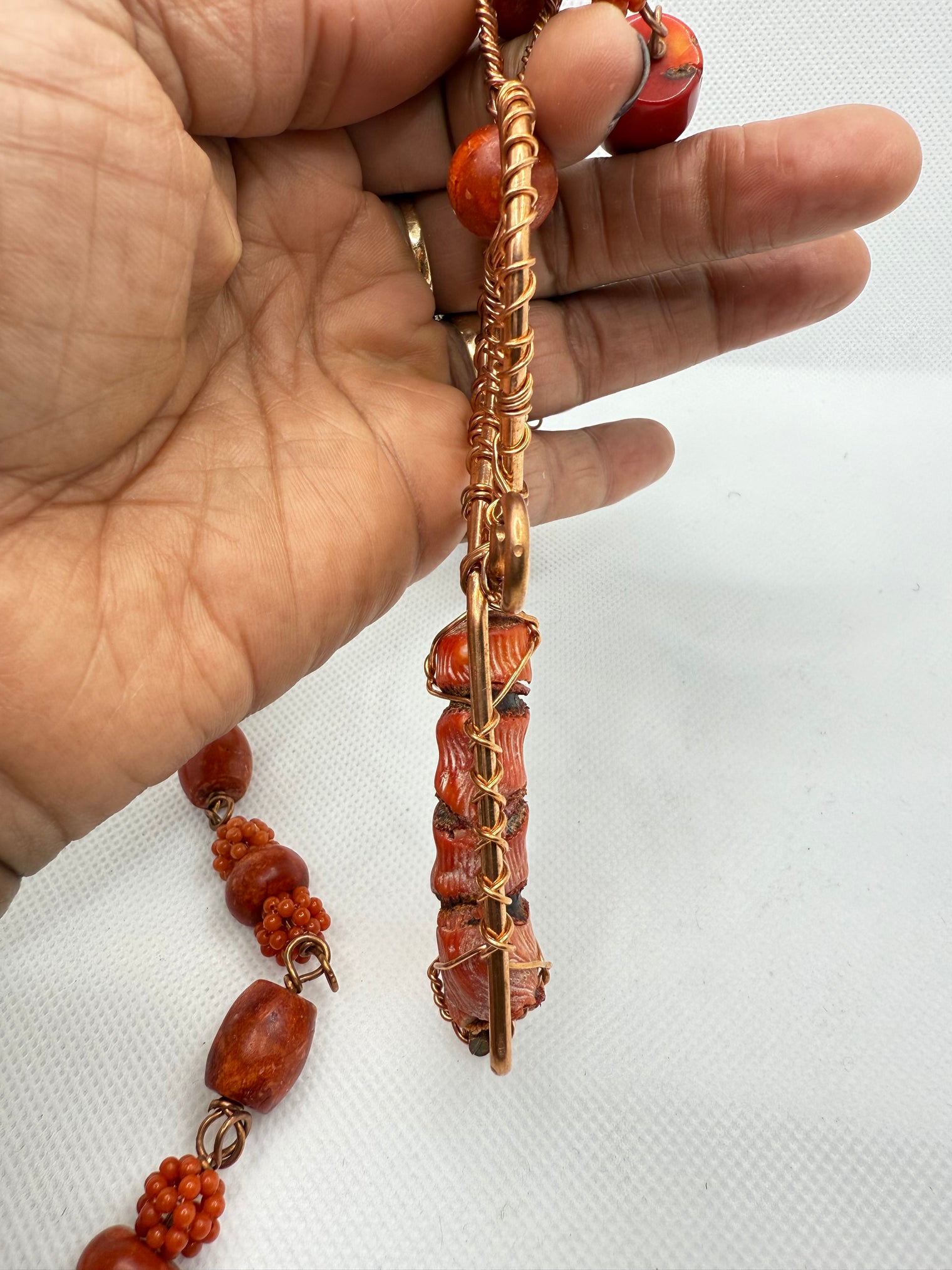 bamboo red coral copper ankh chain link necklace