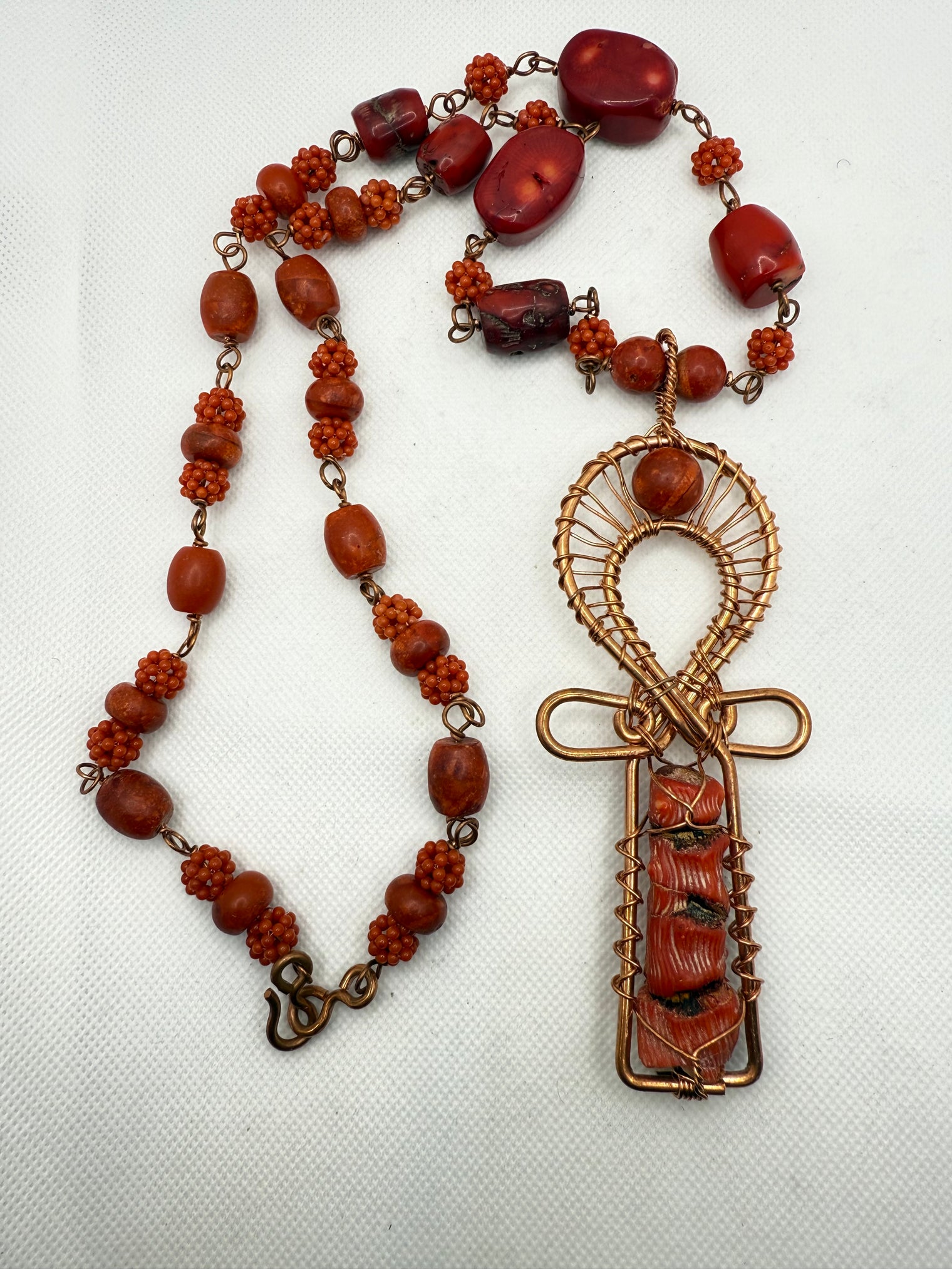 bamboo red coral copper ankh chain link necklace
