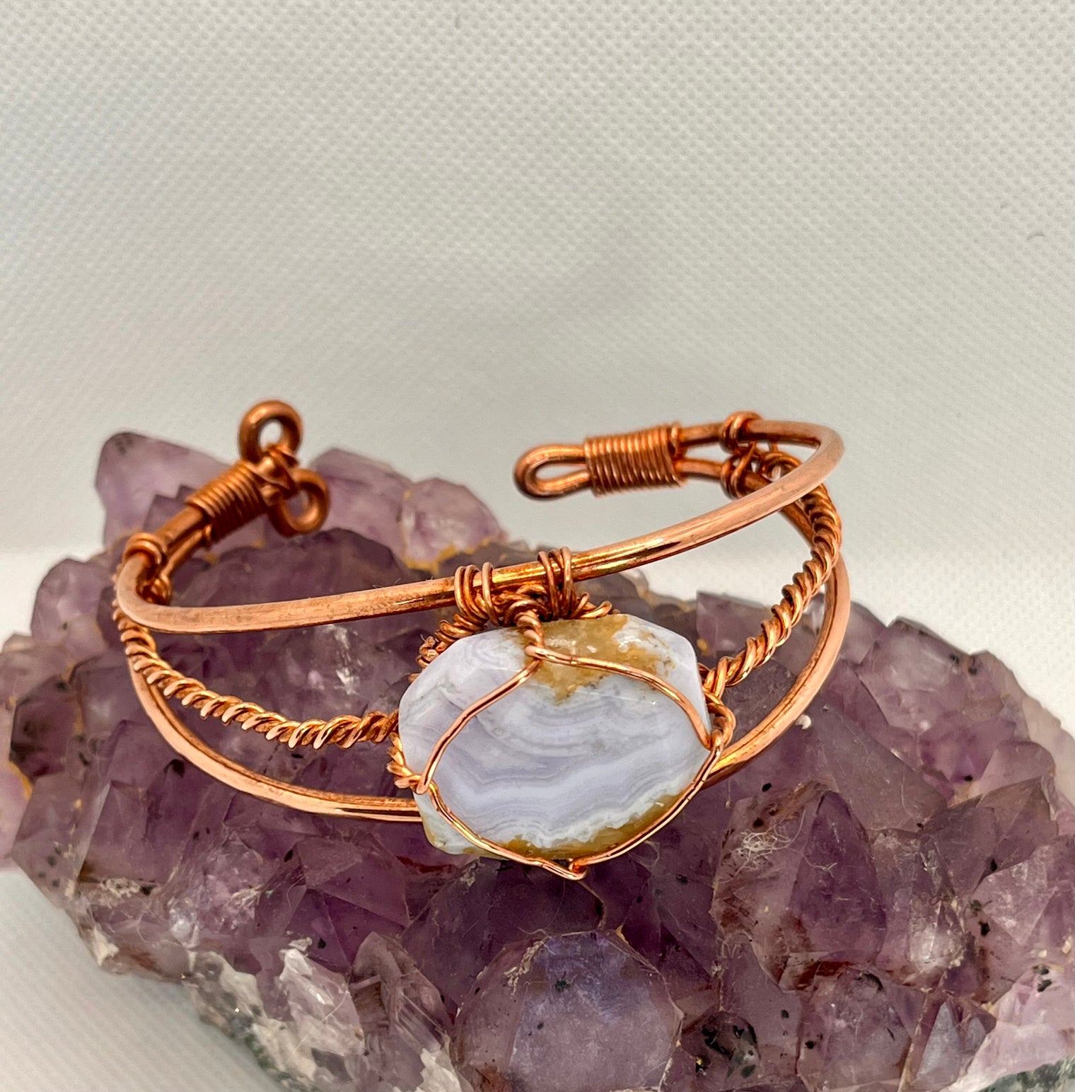 blue lace agate copper wire wrapped bracelet