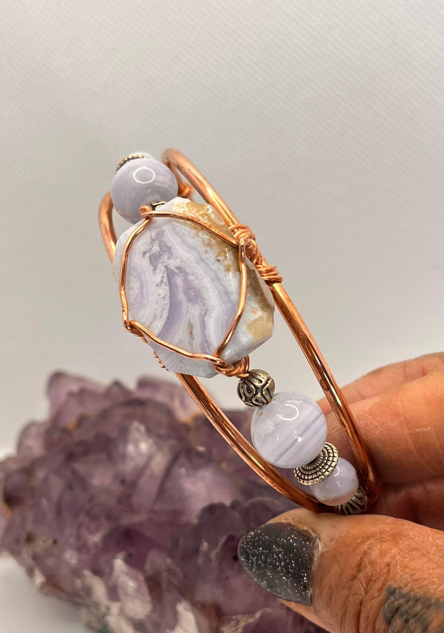 blue lace agate copper wire wrapped bracelet