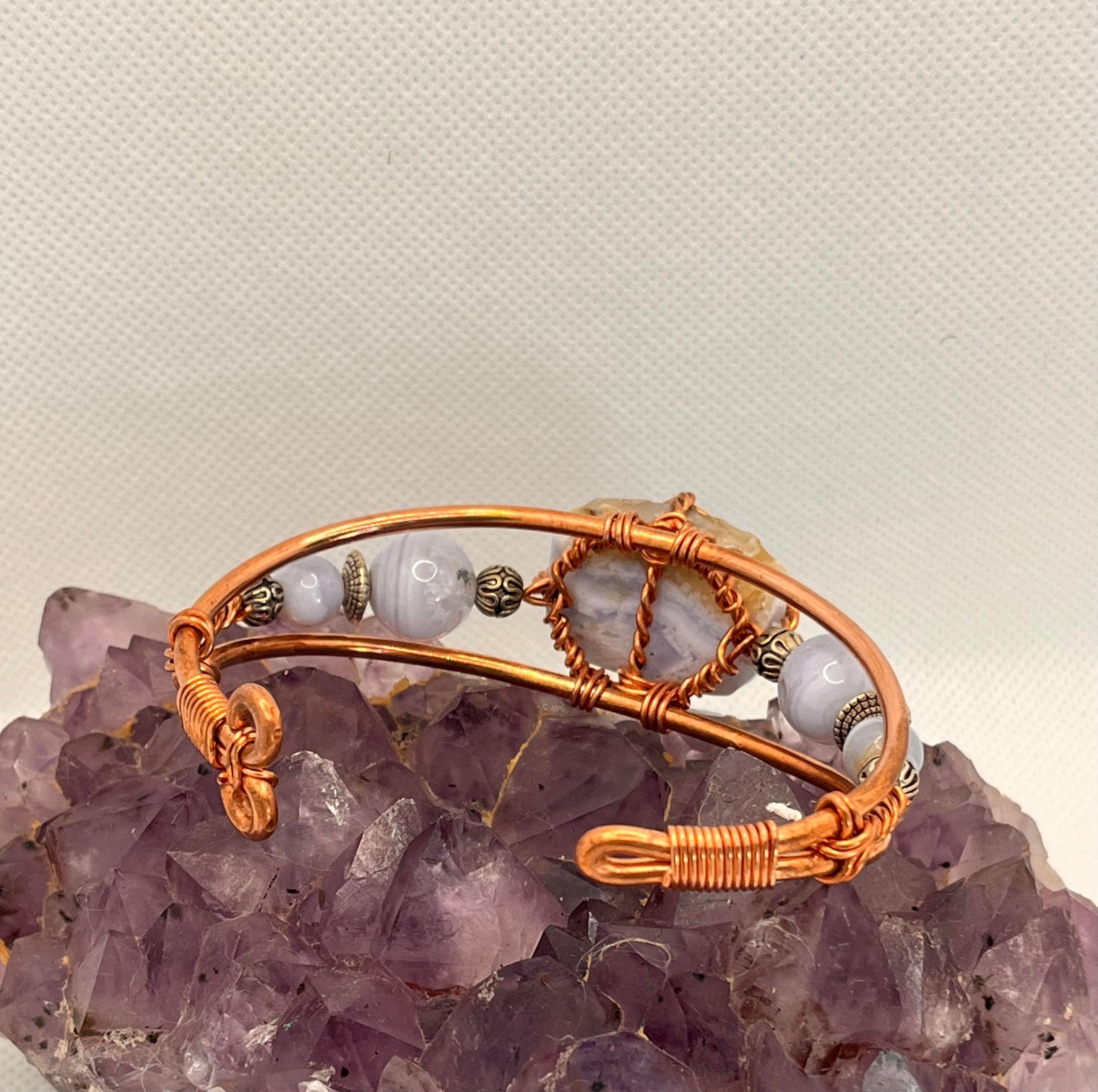 blue lace agate copper wire wrapped bracelet