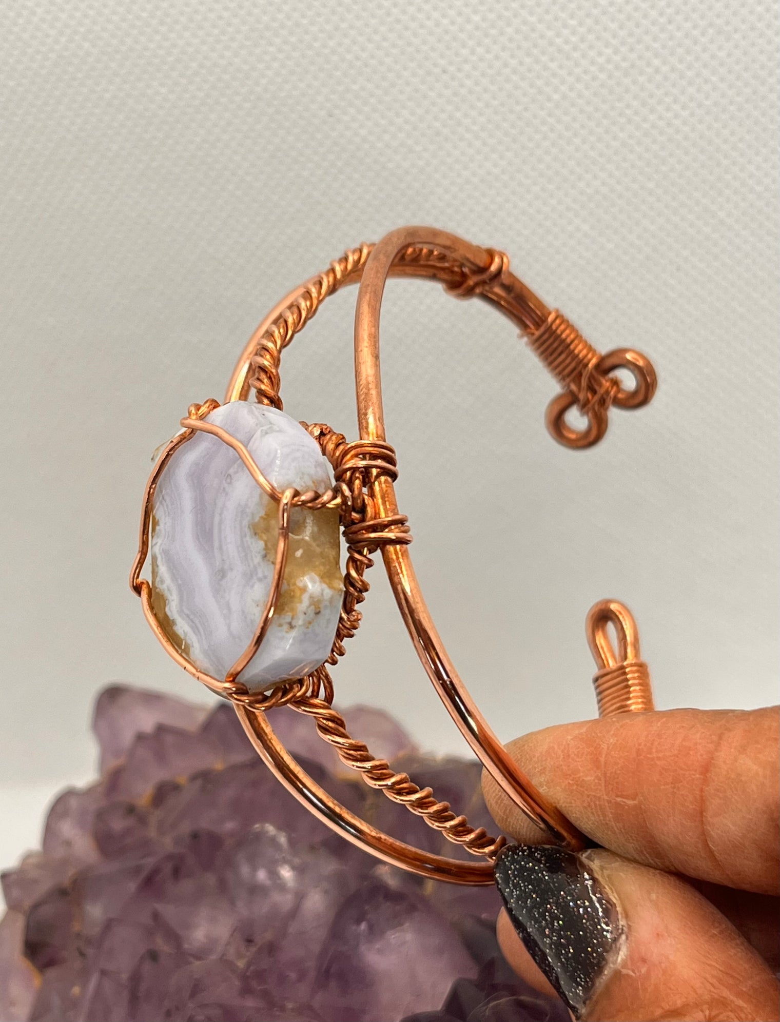 blue lace agate copper wire wrapped bracelet