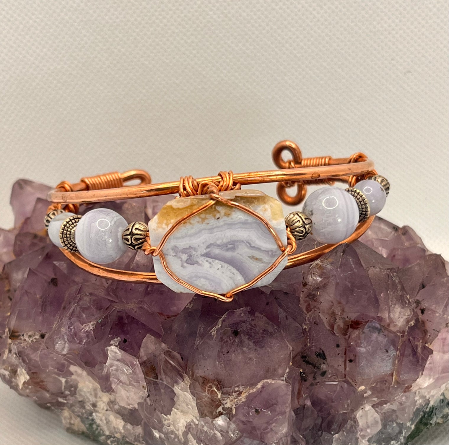 blue lace agate copper wire wrapped bracelet