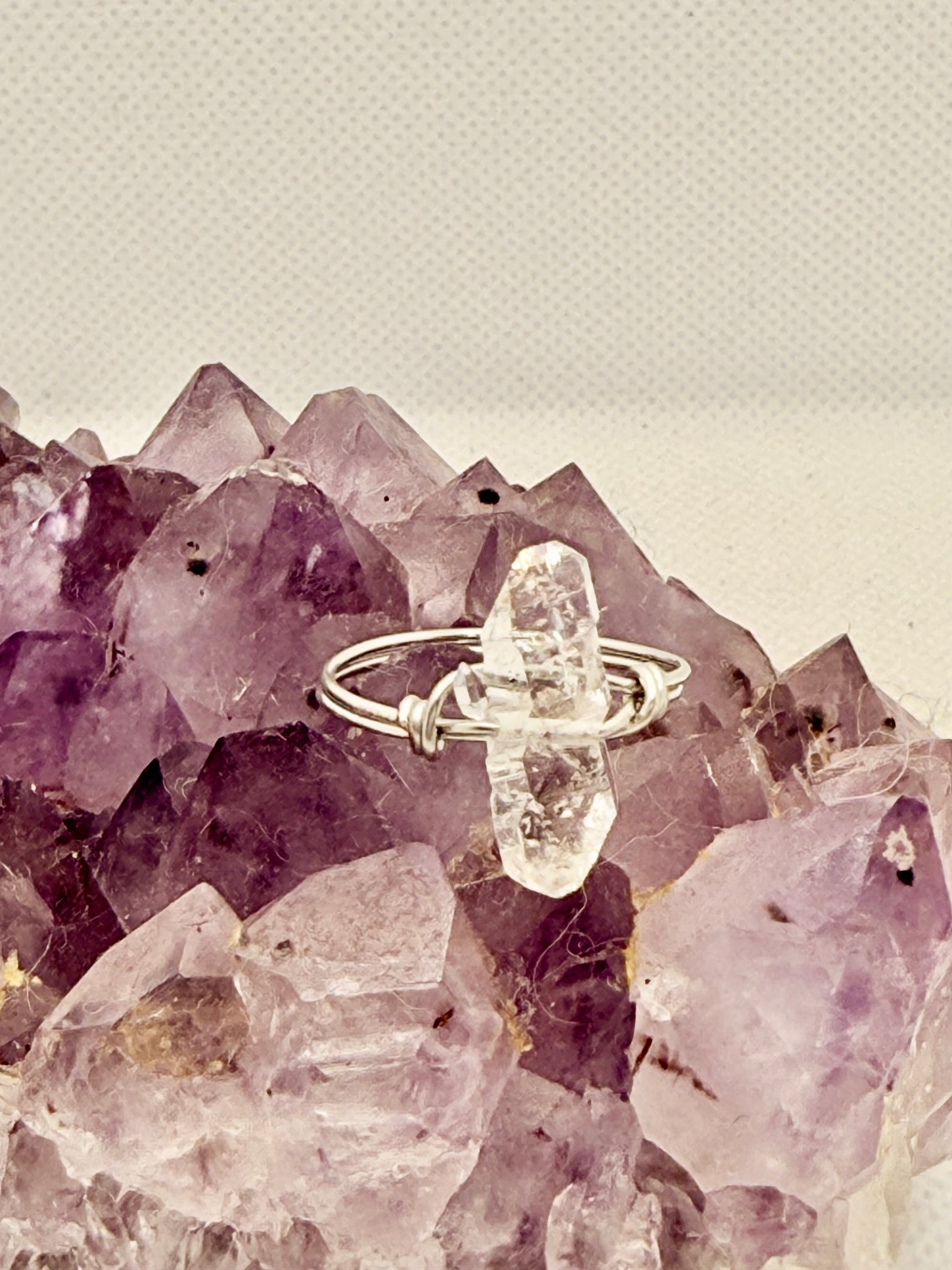 Double Terminated "Tabby" Crystal Quartz on Tinned Copper Ring