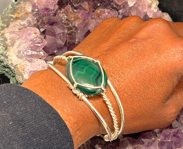 Malachite on Sterling Silver Cuff Bracelet Wire wrapped Handmade