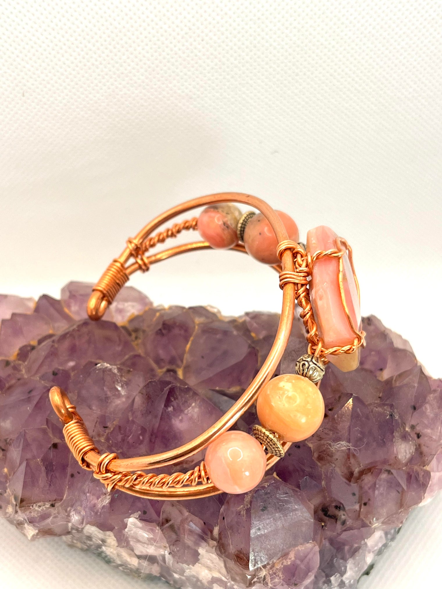 Pink Peruvian Opal w/Side Stones Wirewrapped Copper Bracelet