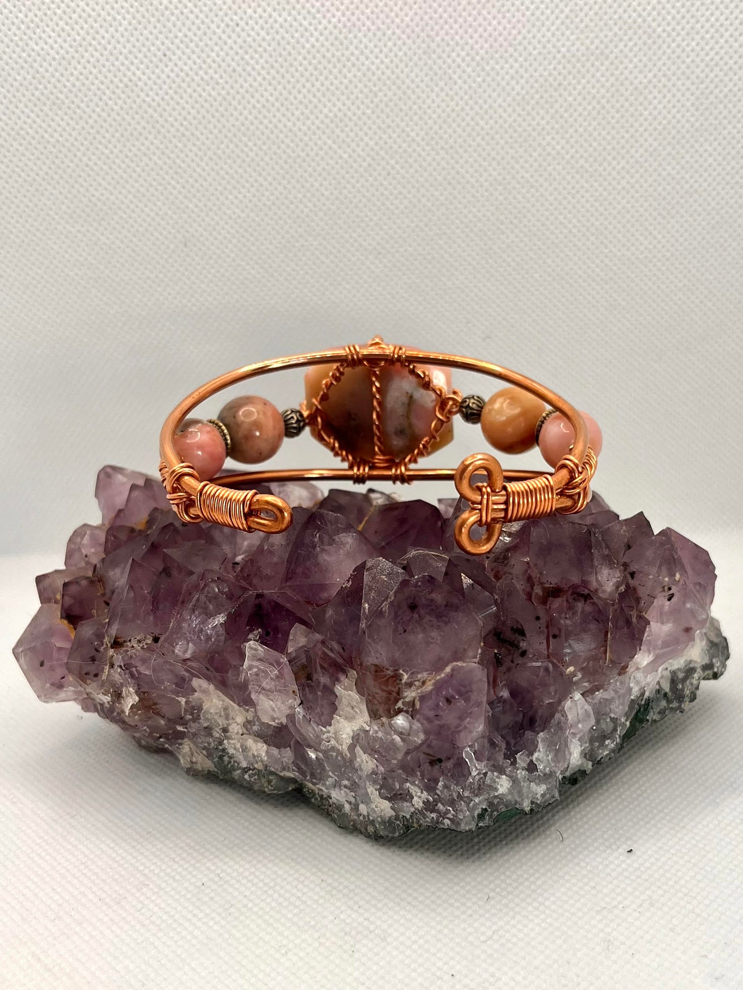 Pink Peruvian Opal w/Side Stones Wirewrapped Copper Bracelet