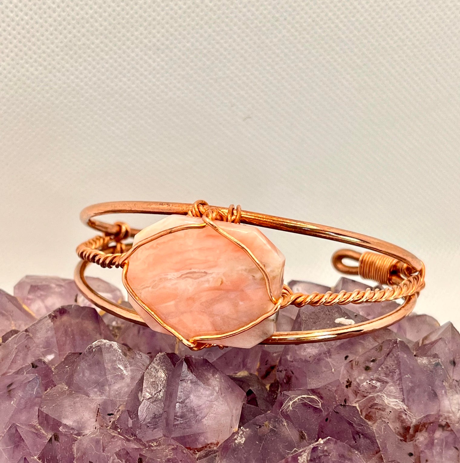 peruvian pink opal copper wire wrapped bracelet