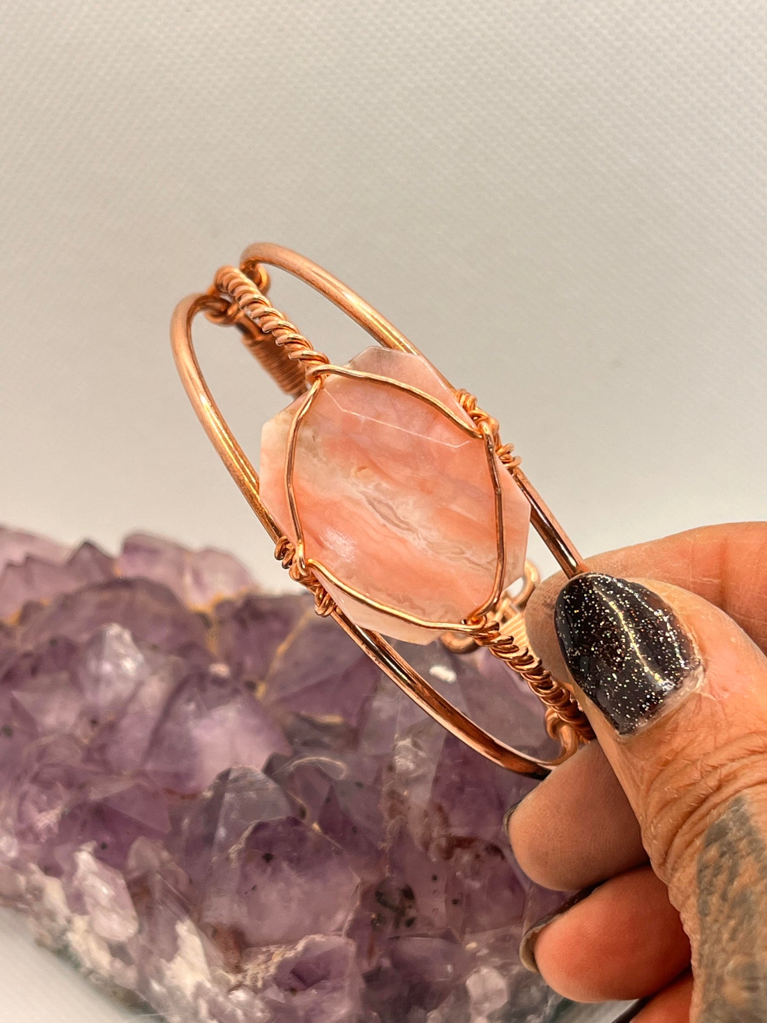 peruvian pink opal copper wire wrapped bracelet