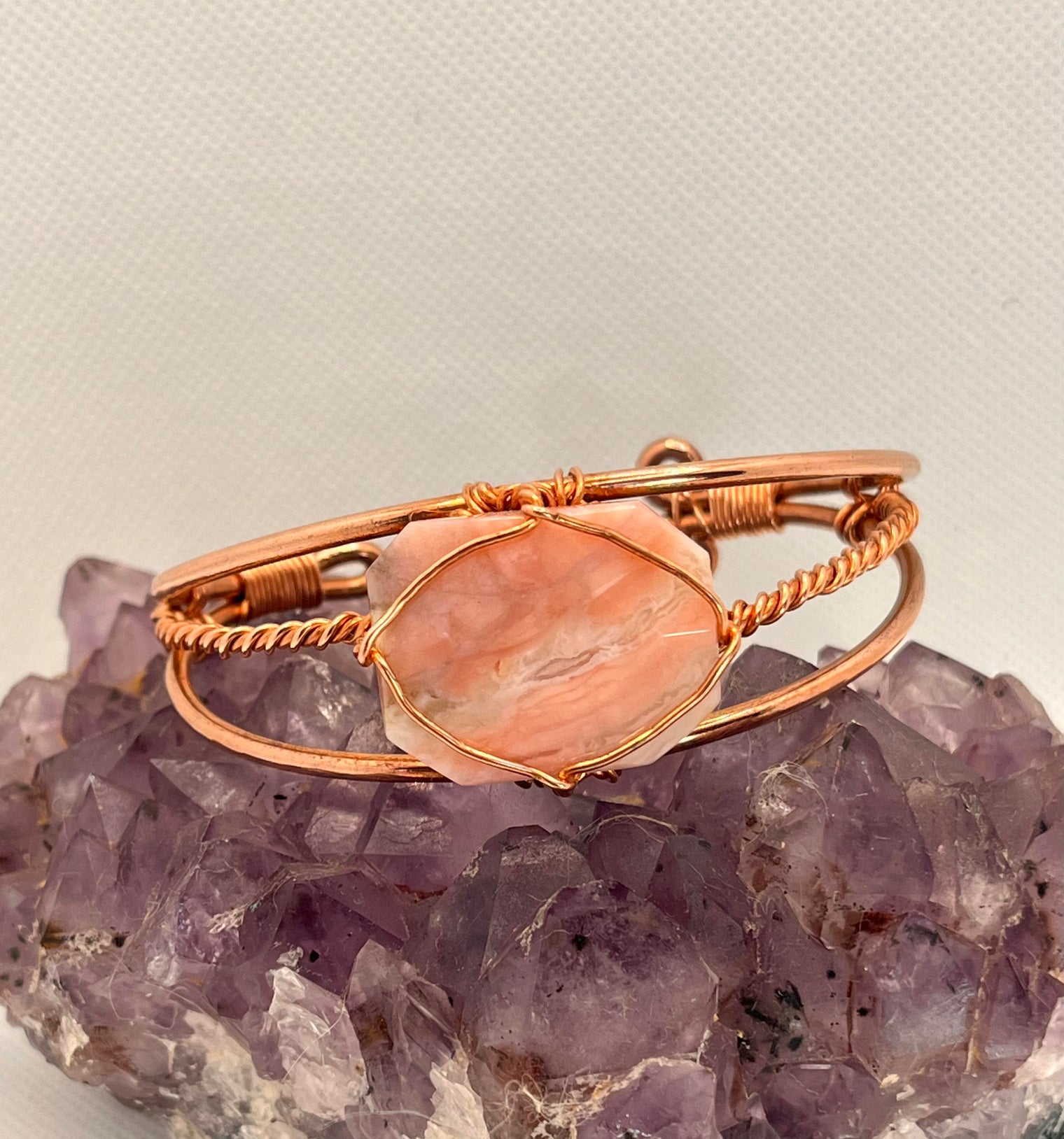 peruvian pink opal copper wire wrapped bracelet
