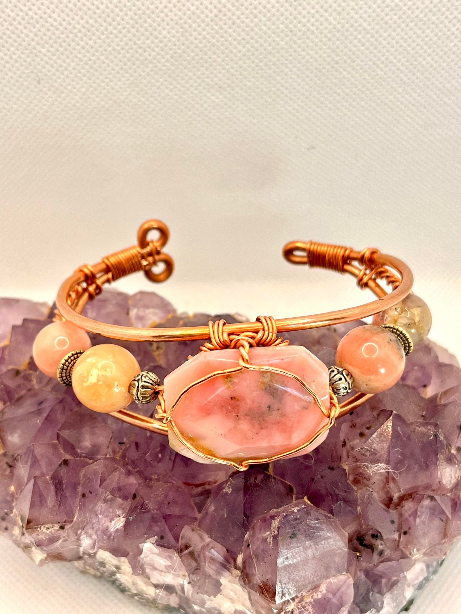 Pink Peruvian Opal w/Side Stones Wirewrapped Copper Bracelet