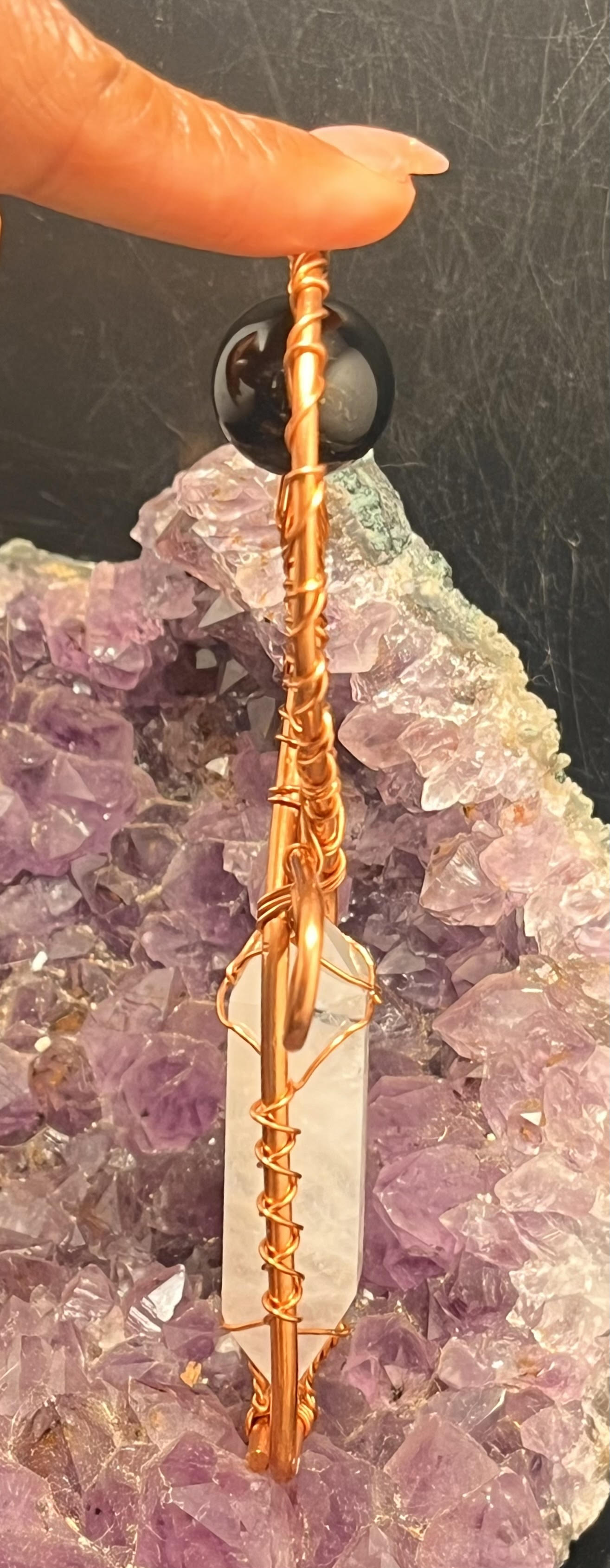 Quartz Crystal with Black tourmaline inclusion copper ankh