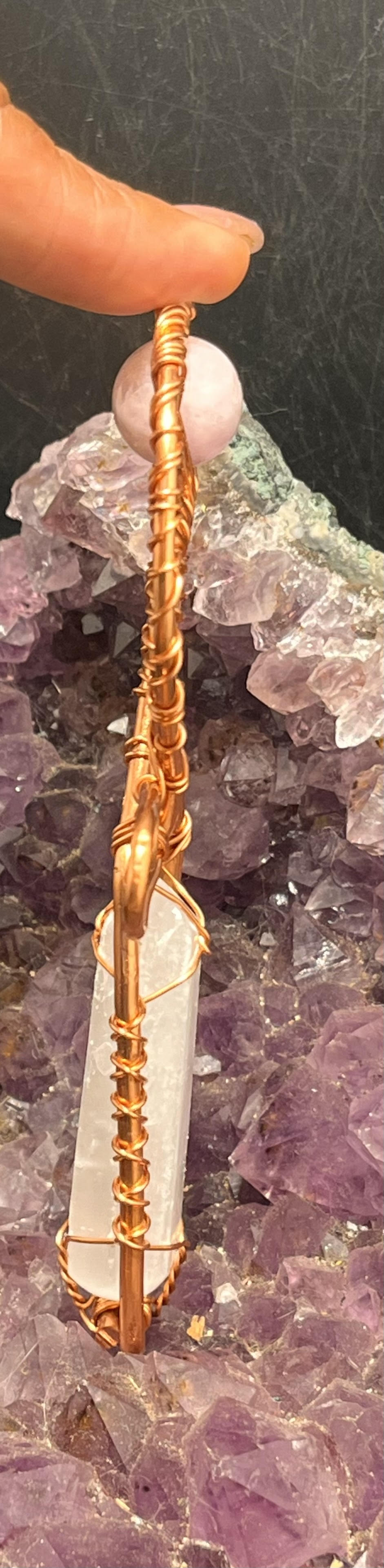Selenite and Kunzite Copper Ankh