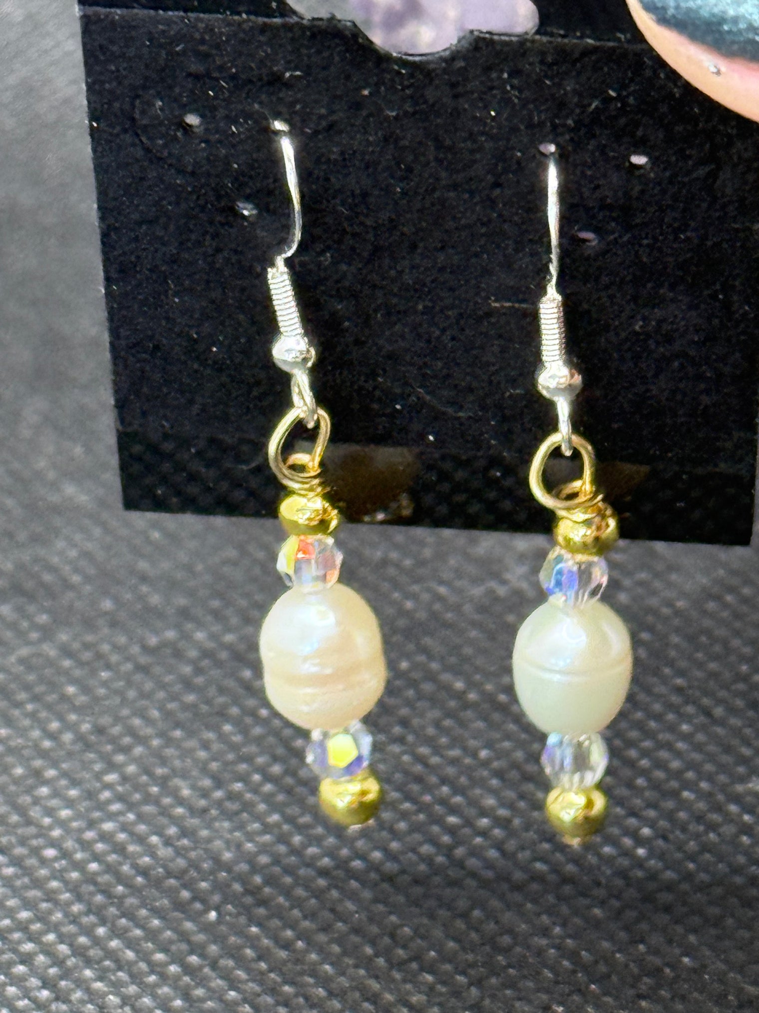 white pearl and Swarovski crystal earrings with 18 kt gold plated beads and sterling silver plated hooks