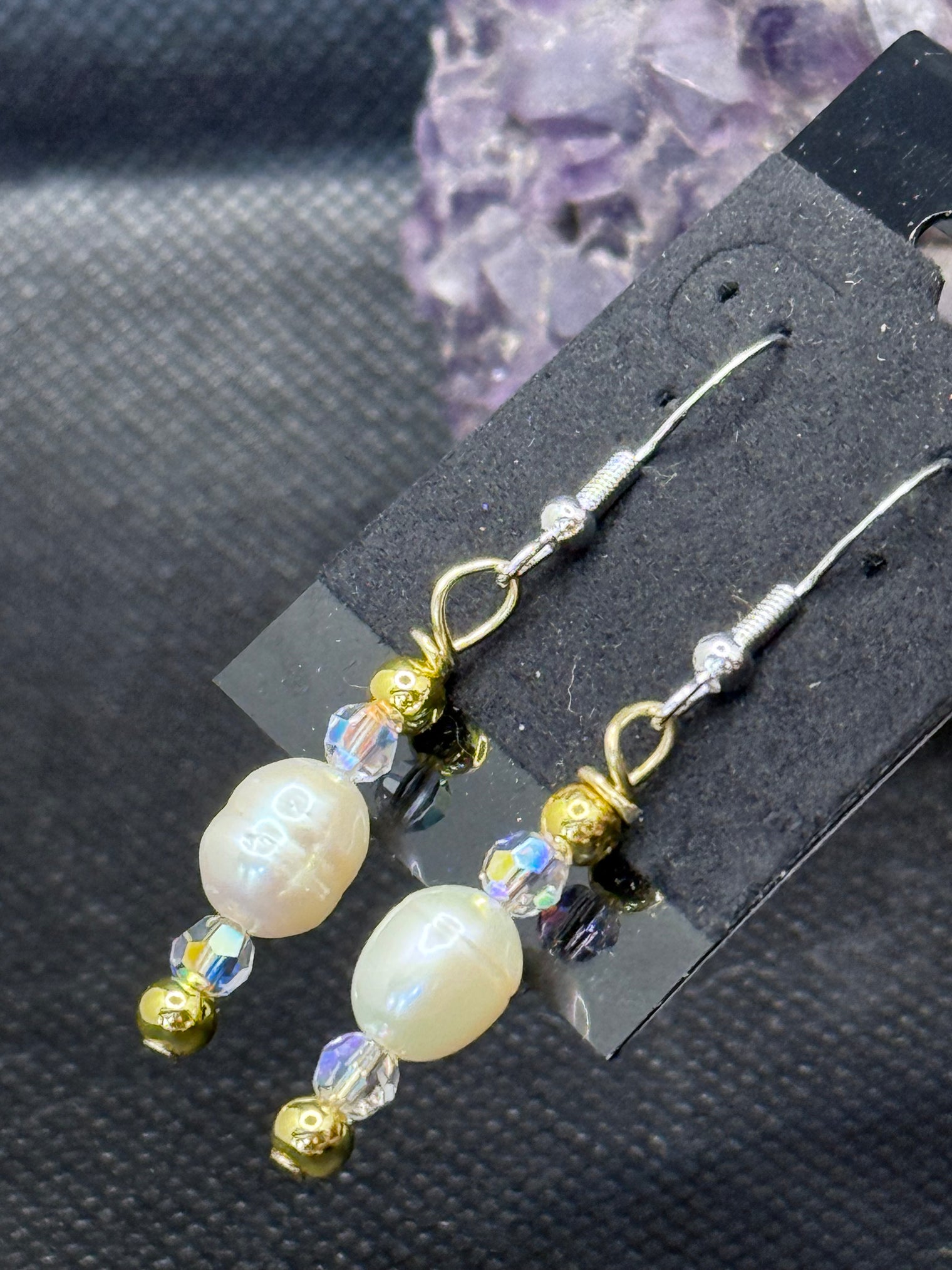 white pearl and Swarovski crystal earrings with 18 kt gold plated beads and sterling silver plated hooks