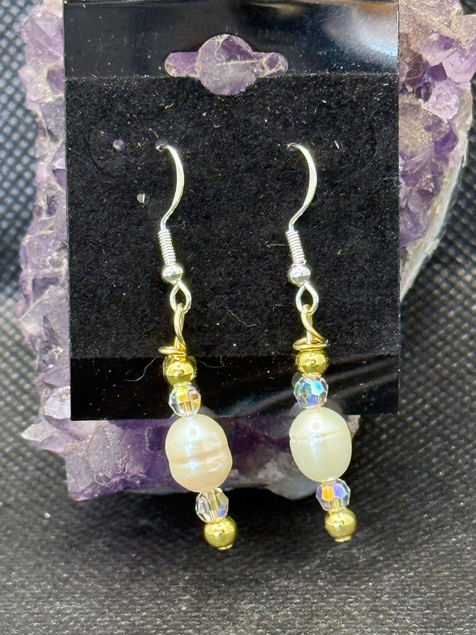 white pearl and Swarovski crystal earrings with 18 kt gold plated beads and sterling silver plated hooks