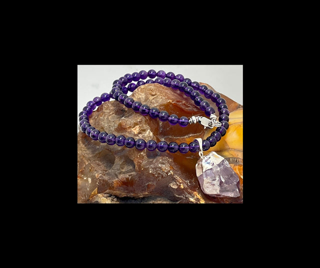 Amethyst 6mm beaded necklace with amethyst crystal pendant