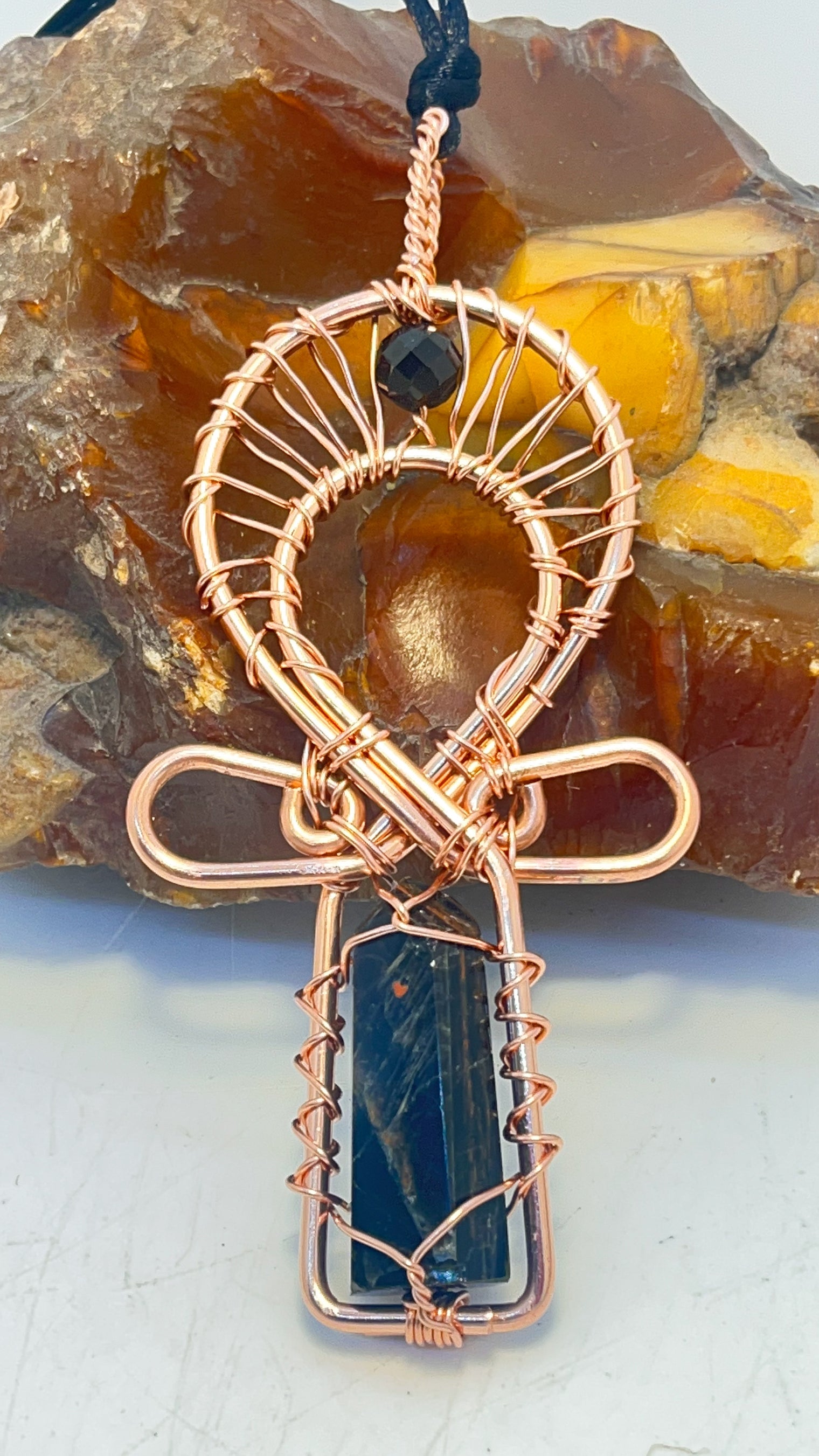 Black Tourmaline and Hematite Tower with Black Tourmaline Copper Ankh Pendant