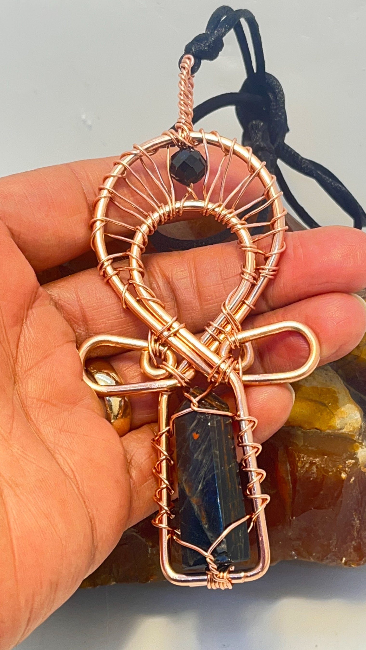 Black Tourmaline and Hematite Tower with Black Tourmaline Copper Ankh Pendant