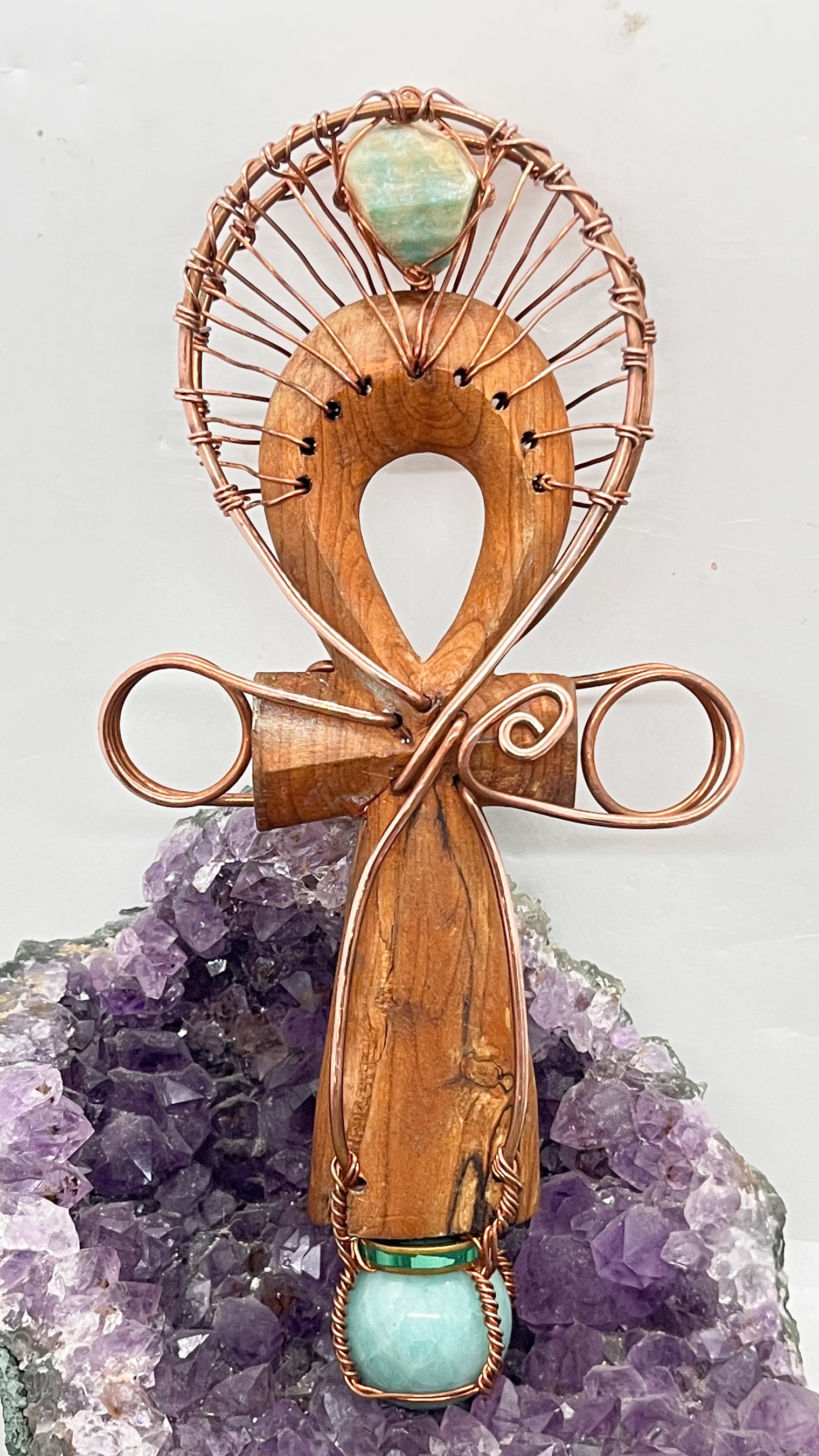 Amazonite with Malachite EMF Protection Handheld Wooden Ankh
