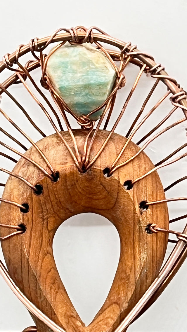 Amazonite with Malachite EMF Protection Handheld Wooden Ankh