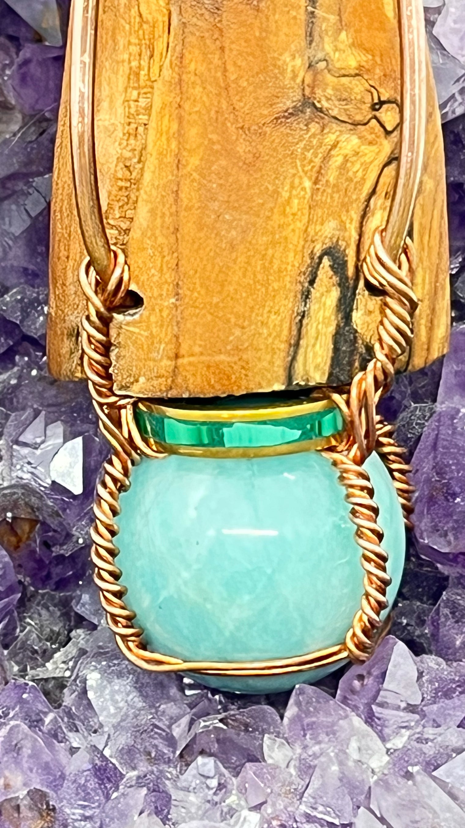 Amazonite with Malachite EMF Protection Handheld Wooden Ankh