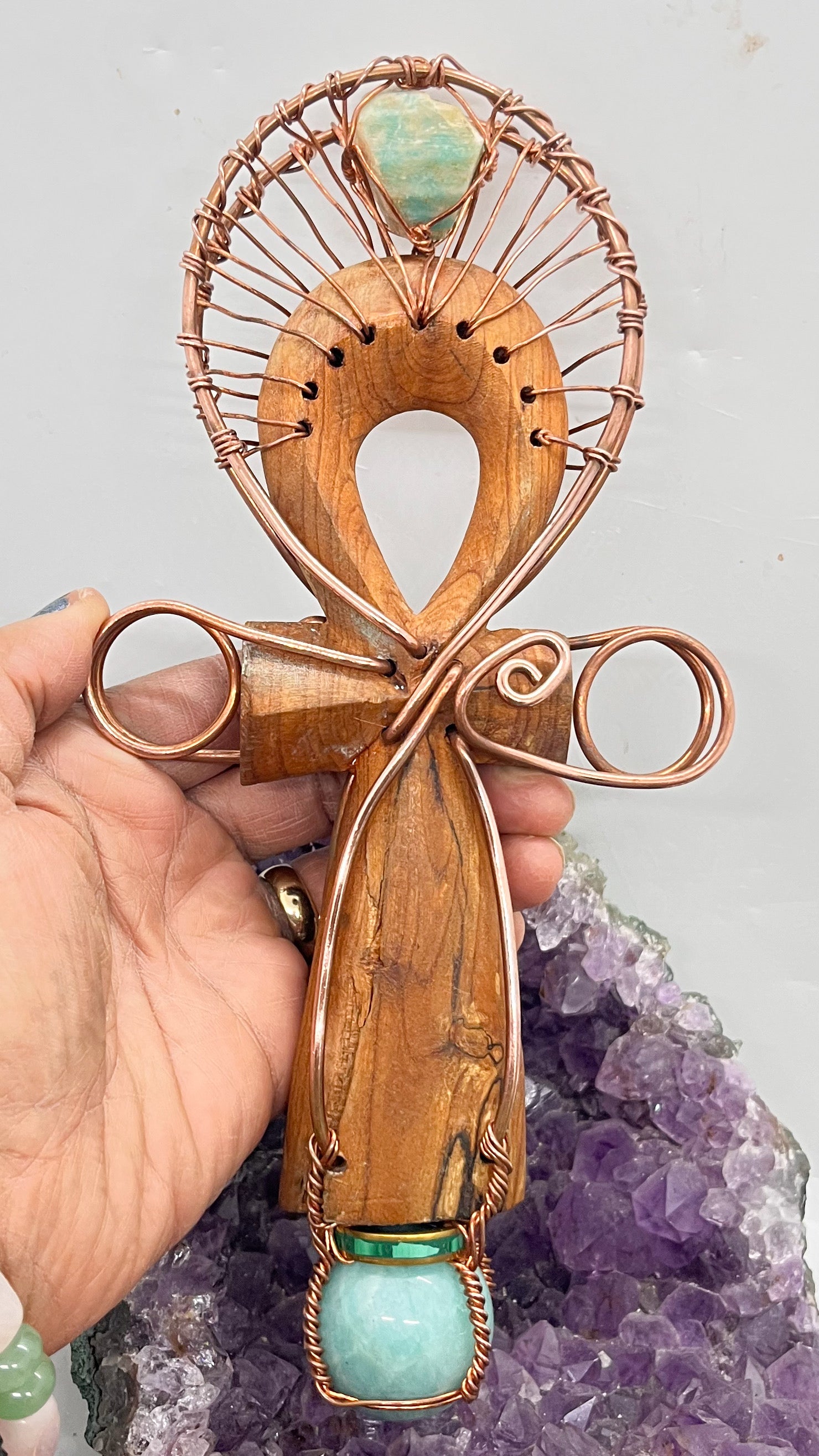 Amazonite with Malachite EMF Protection Handheld Wooden Ankh
