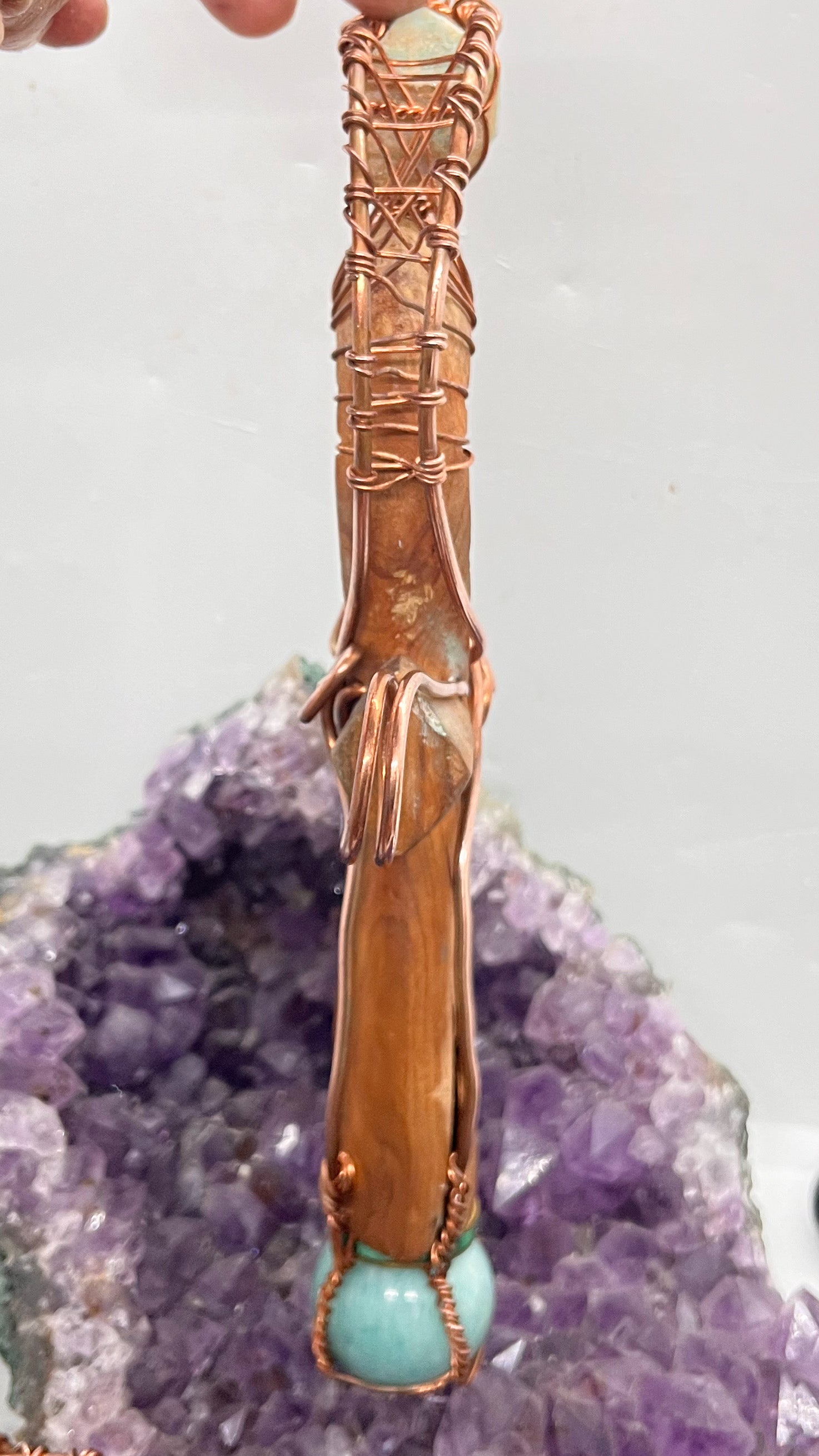 Amazonite with Malachite EMF Protection Handheld Wooden Ankh