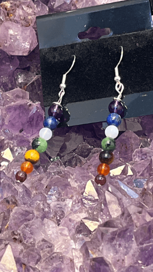 Chakra Gemstone Dangle Drop Sterling Silver Hooks Earrings - Infinite Treasures, LLC