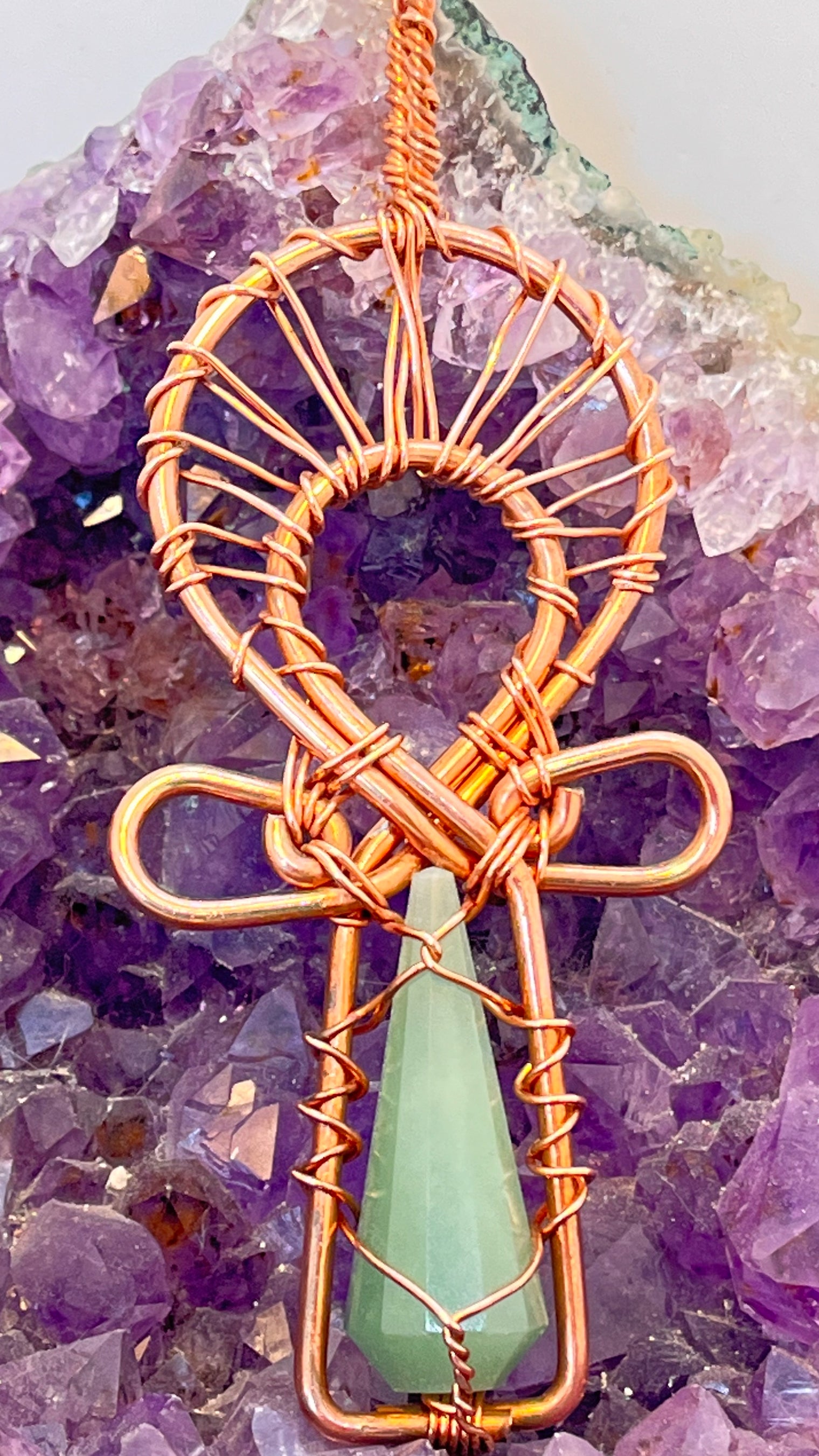 Green Aventurine Vogel Wirewrapped Copper Ankh Pendant