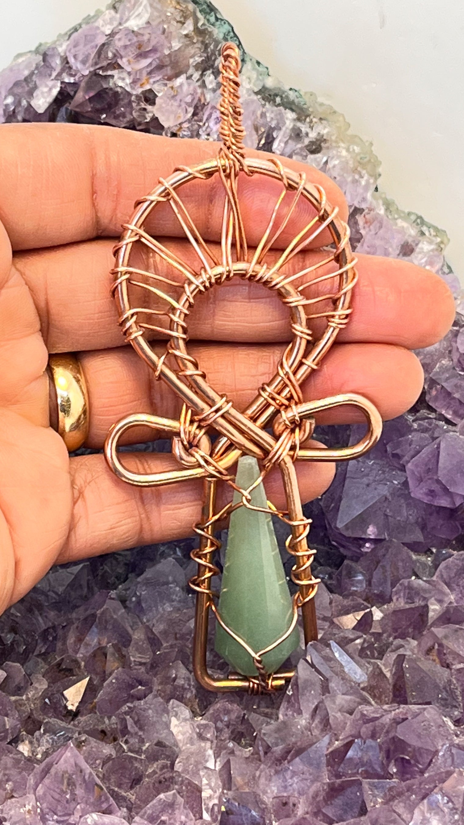 Green Aventurine Vogel Wirewrapped Copper Ankh Pendant