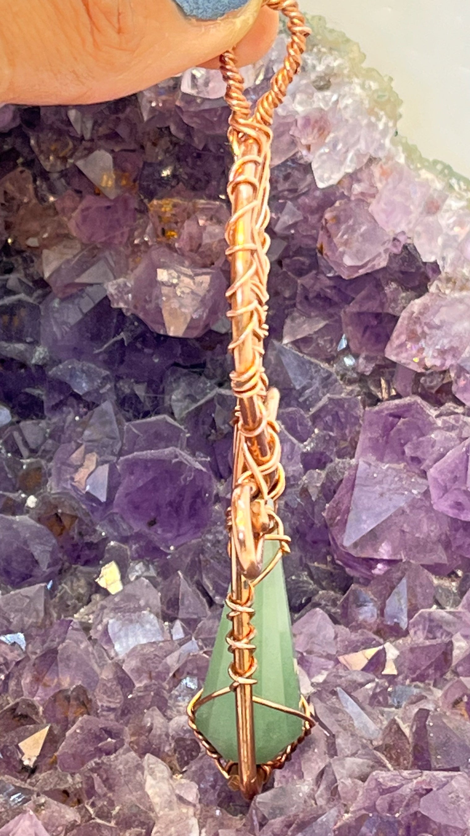 Green Aventurine Vogel Wirewrapped Copper Ankh Pendant