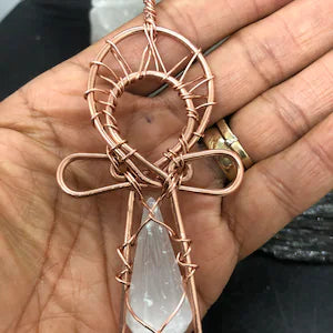 Moroccan Selenite Vogel Crystal Copper Ankh Pendant - Infinite Treasures, LLC