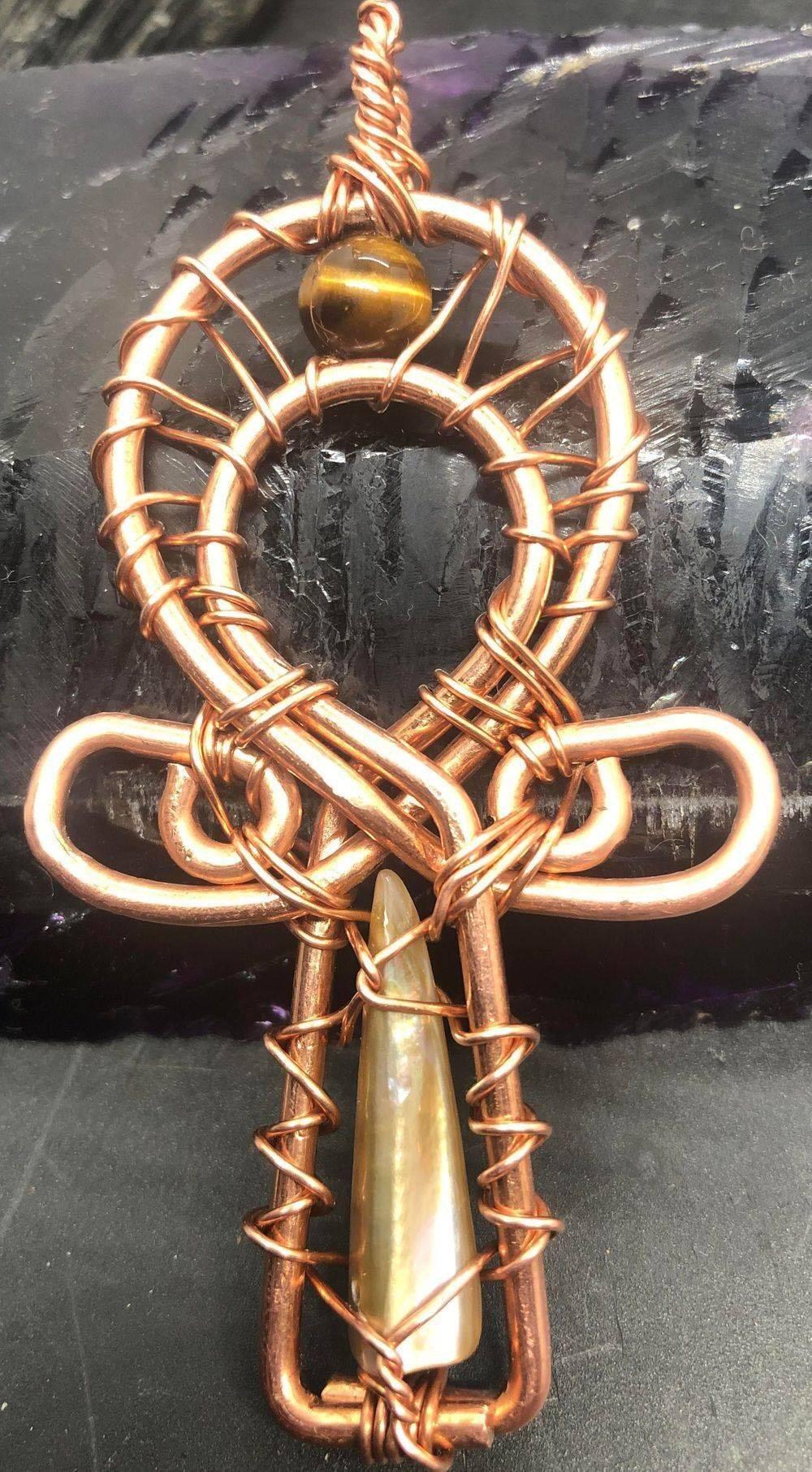 Natural Mother of Pearl and Tigers Eye Copper Egyptian Kemetic Coptic Cross Ankh Wirewrapped Wearable Necklace Pendant - Infinite Treasures, LLC