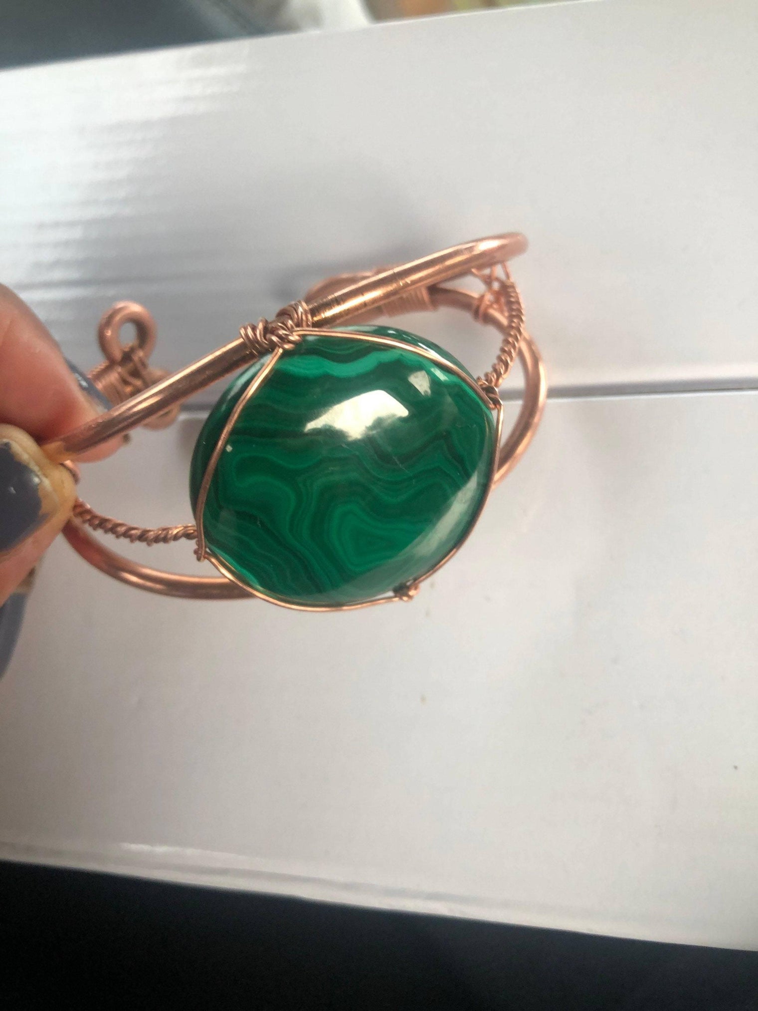Last One! Malachite Cabochon 40 MM Round Copper Bracelet Wire wrapped Handmade - Infinite Treasures, LLC