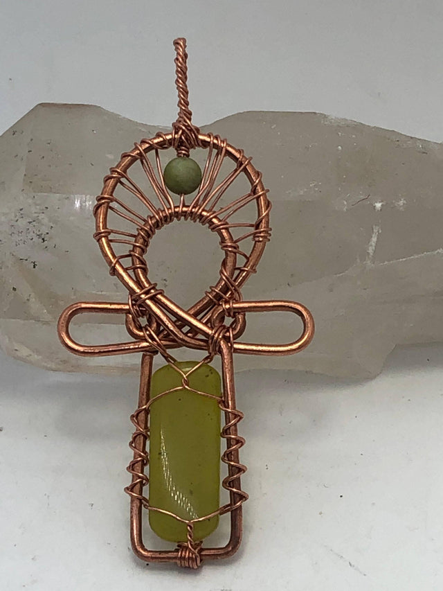 Jade Copper Egyptian Kemetic Coptic Cross Ankh Wirewrapped Wearable Pendant Necklace - Infinite Treasures, LLC