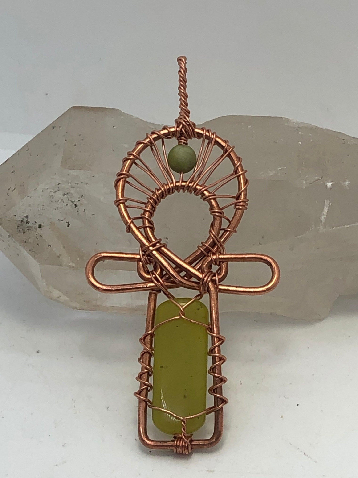 Jade Copper Egyptian Kemetic Coptic Cross Ankh Wirewrapped Wearable Pendant Necklace FREE SHIPPING - Infinite Treasures, LLC