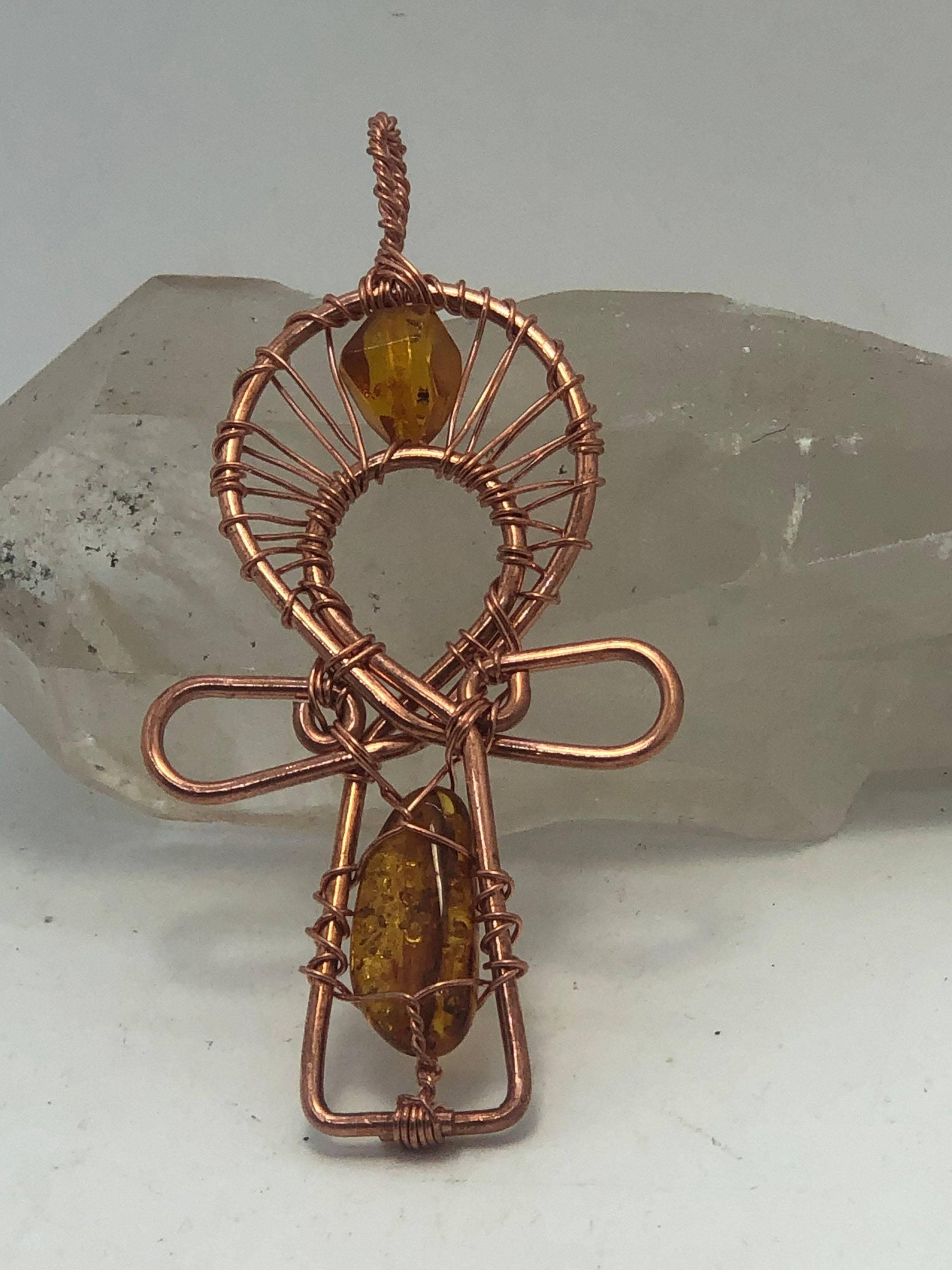 Genuine Baltic Amber Copper Egyptian Kemetic Coptic Cross Ankh Wirewrapped Wearable Pendant Necklace - Infinite Treasures, LLC