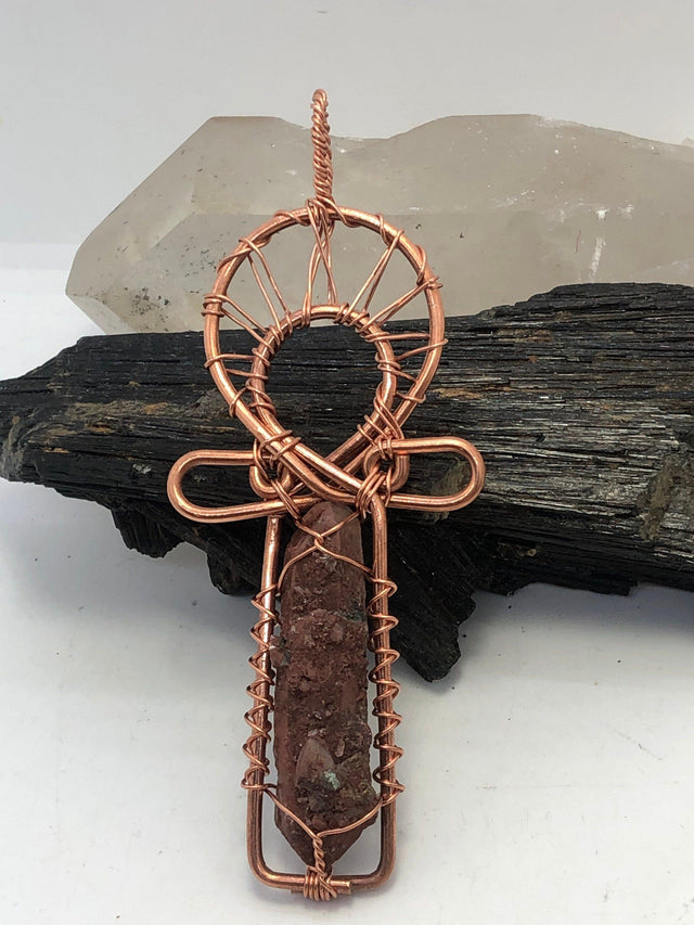 Hematoid Red Quartz Copper Egyptian Kemetic Coptic Cross Ankh Wirewrapped Wearable Pendant Necklace - Infinite Treasures, LLC