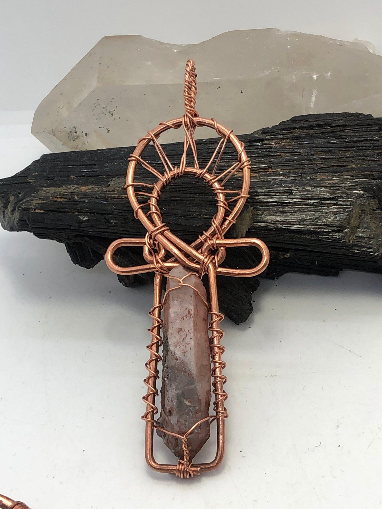 Hematoid Red Quartz Copper Egyptian Kemetic Coptic Cross Ankh Wirewrapped Wearable Pendant Necklace - Infinite Treasures, LLC