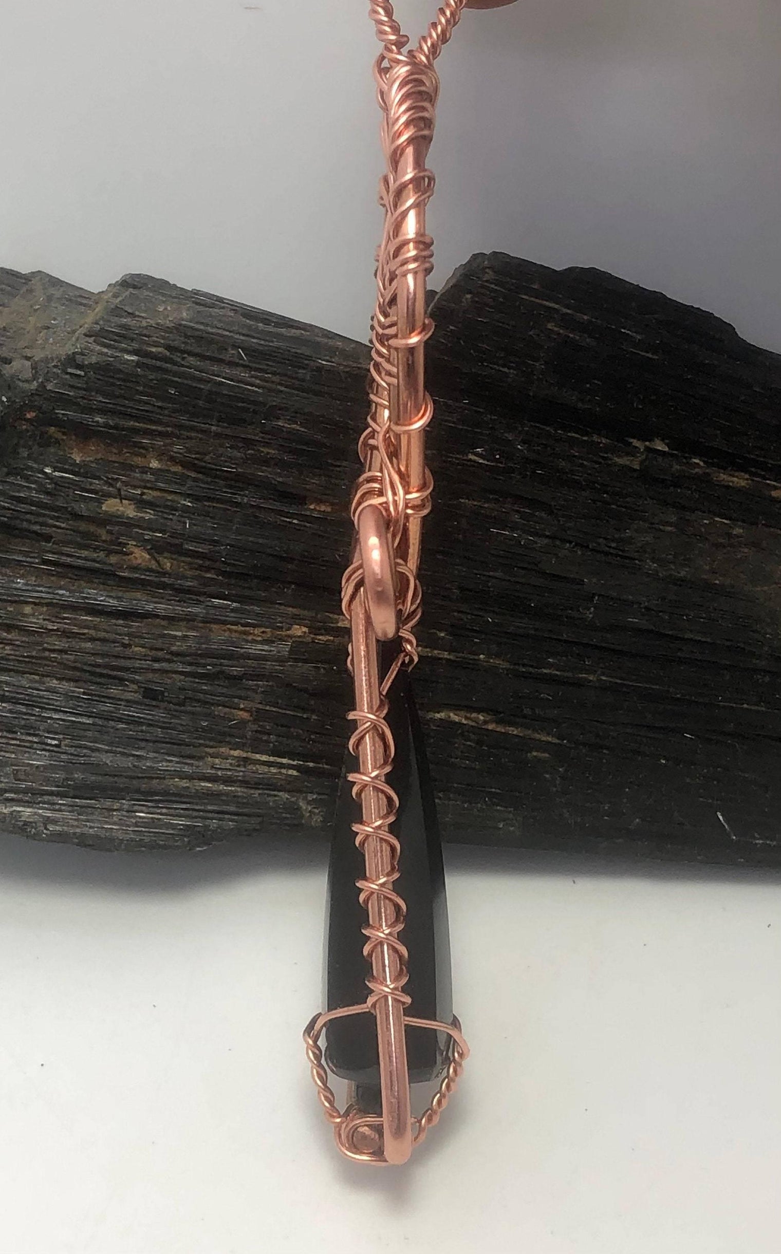 Black Obsidian Vogel Shaped Kemetic Coptic Cross Copper Ankh Wirewrapped Pendant Necklace - Infinite Treasures, LLC