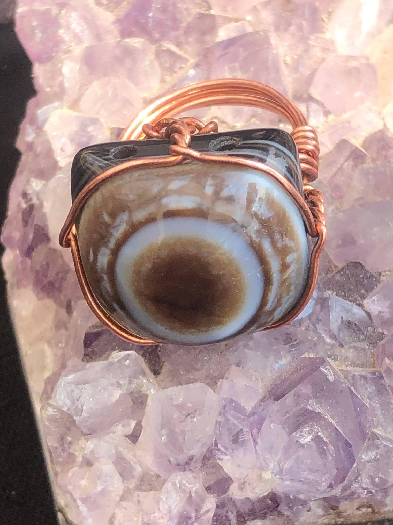 Evil Eye Sardonyx Crystal Copper Wirewrapped Ring - Infinite Treasures, LLC